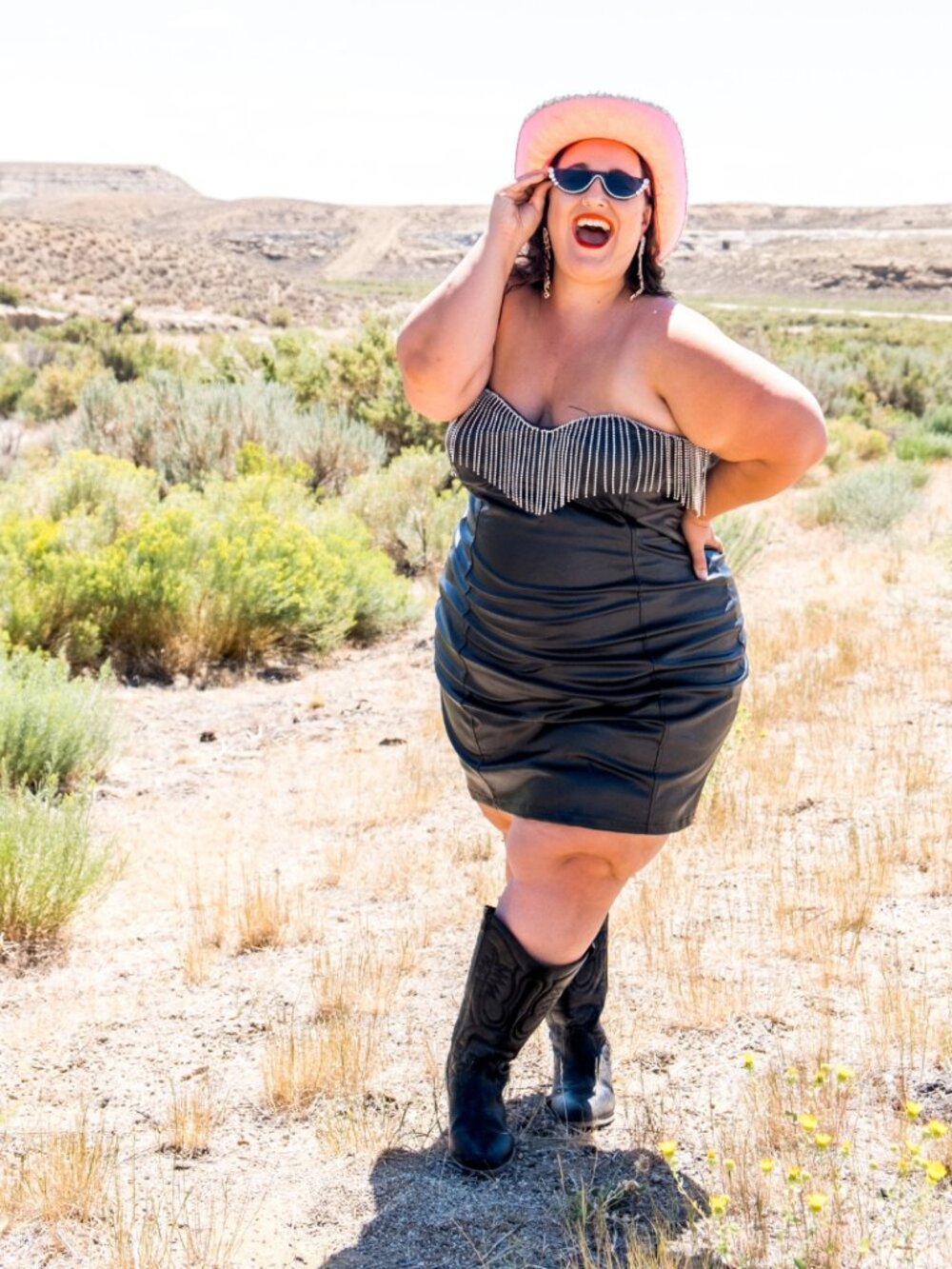 Pretty Little Thing Black Faux Leather Bodycon Dress with Rhinestone Fringe